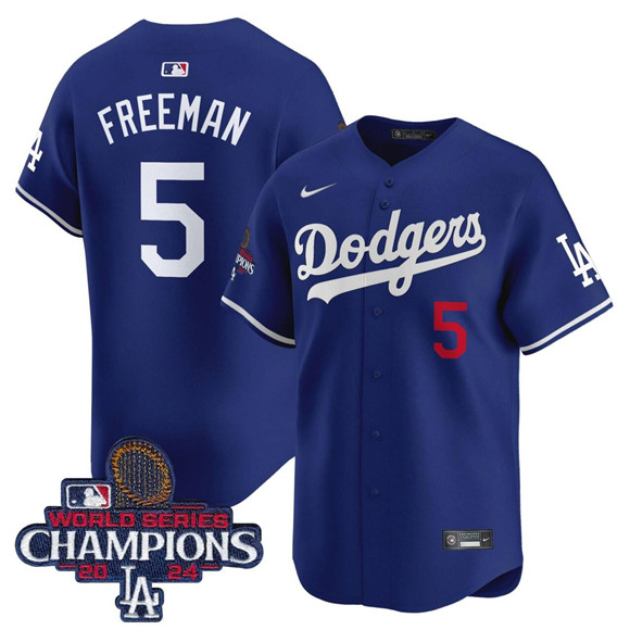 Men's Los Angeles Dodgers #5 Freddie Freeman Royal 2024 World Series Champions Patch Limited Stitched Baseball Jersey Men's Los Angeles Dodgers #5 Freddie Freeman Royal 2024 World Series Champions Patch Limited Stitched Baseball Jersey